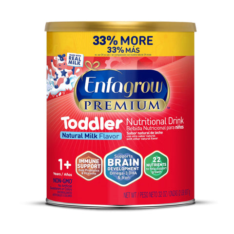 Enfagrow Premium Toddler Nutritional Drink, Made with Real Milk, Brain-Building Omega-3 DHA, Nutrients and Prebiotics for Growth & Immune Support, Non-GMO, Toddler Milk Powder, 32 Oz Can