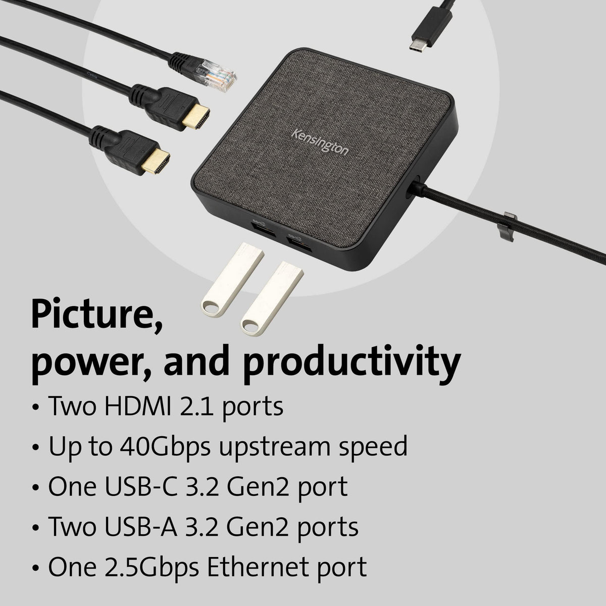 Kensington MD120U4 USB4 Hub, Dual Display 4K @120hz, Single 8K @60hz, HDMI, 100W Power Pass Through, 2.5Gbps Ethernet, 10Gbps USB-A, for Mac and Windows (K32850WW)
