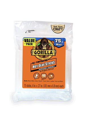 Gorilla Hot Glue Sticks, Clear Glue, Mini Size 4 inch Long x 0.27 inch Diameter, 75 Count (Pack of 1) - Safe for All Temperatures with Extended Working Time