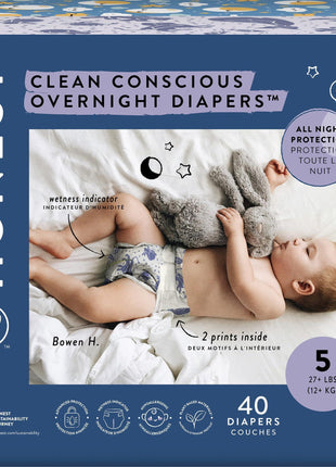 The Honest Company Comfort Dry Overnight Diapers, Up to 12 Hours Protection, Hypoallergenic, Cozy Cloud + Star Signs, Club Box Size 5 (27+ lbs), 40 Count