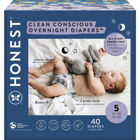 The Honest Company Comfort Dry Overnight Diapers, Up to 12 Hours Protection, Hypoallergenic, Cozy Cloud + Star Signs, Club Box Size 5 (27+ lbs), 40 Count