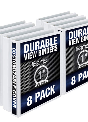 Samsill Durable 1 Inch Binder, Made in the USA, Round Ring Customizable Clear View Binder, White, 8 Pack (S88437)