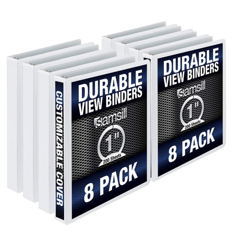 Samsill Durable 1 Inch Binder, Made in the USA, Round Ring Customizable Clear View Binder, White, 8 Pack (S88437)