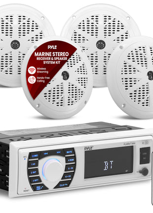 Pyle Marine Radio Receiver Speaker Set 12v Single Din Style Bluetooth Compatible Waterproof Digital Boat In Dash Console System with Mic 4 Speakers, Remote Control, Wiring Harness PLMRKT38W (White)