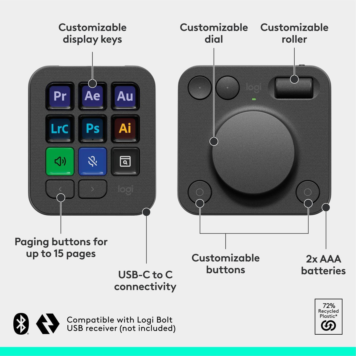 Logitech MX Creative Console, 9 Customizable LCD Keys, Stream Deck Accessories, Control Dial for Graphic Design, Adobe, Zoom, Spotify - Graphite, 3-Month Adobe Creative Cloud Membership
