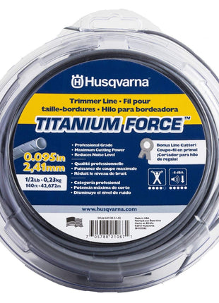 Husqvarna Titanium Force 0.095-Inch, 140-Foot Spooled String Trimmer Line, Professional Grade Copolymer Weed Eater Line with Cutter, 639005102