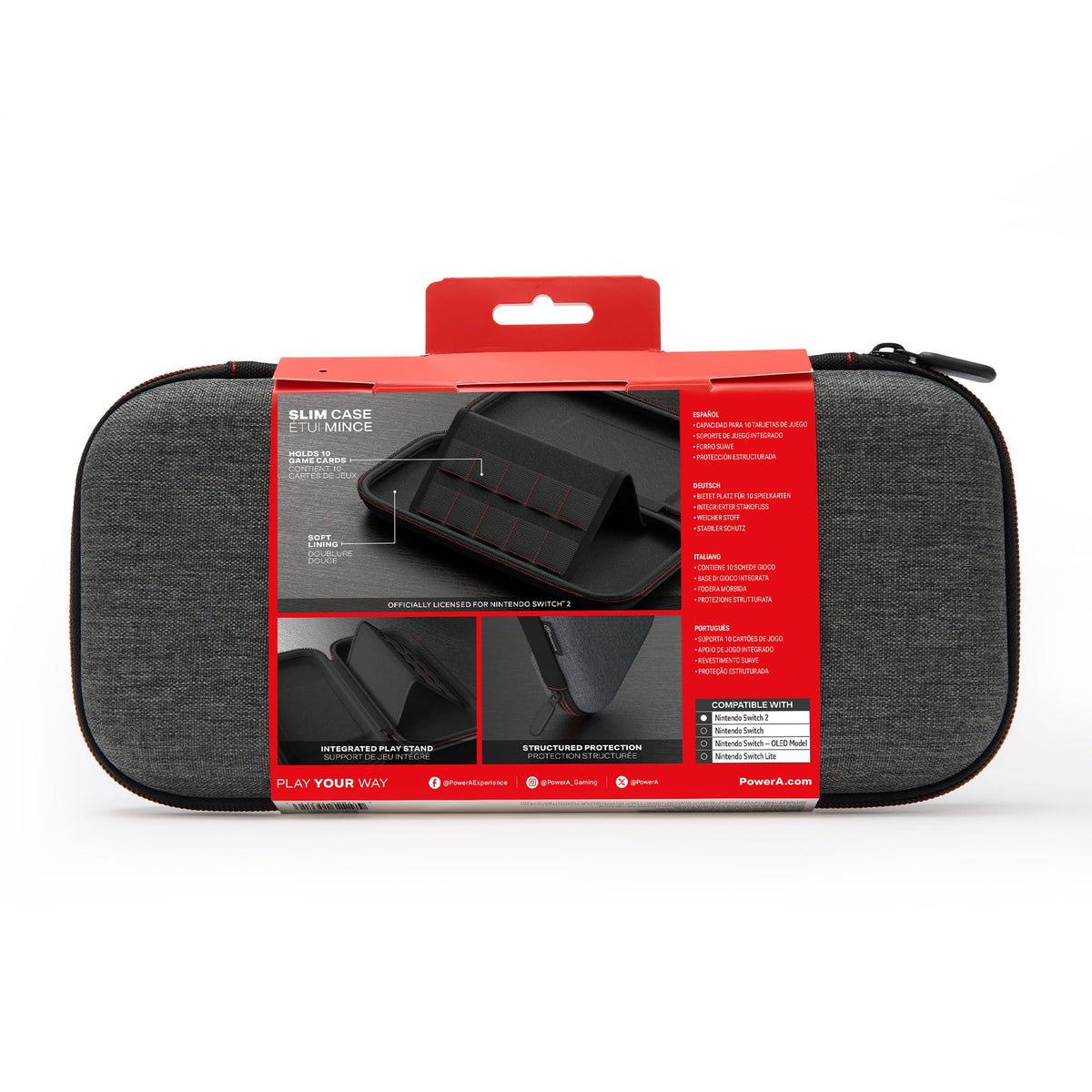 PowerA Slim Case for Nintendo Switch 2 - Dark Heather Grey, Officially Licensed, Protective Case, Holds 10 Game Cards, Padded Screen Protector, Built-in Play Stand