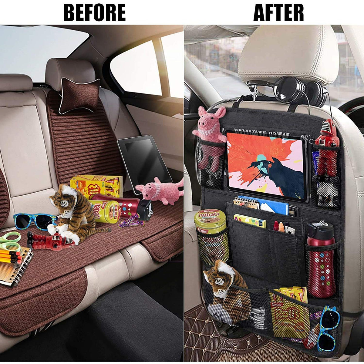 ULEEKA Car Backseat Organizer with 10" Table Holder, 9 Storage Pockets Seat Back Protectors Kick Mats for Kids Toddlers, Travel Accessories, 2 Pack
