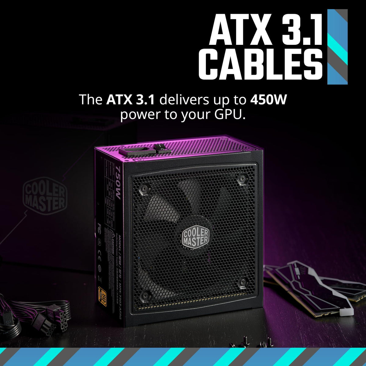 Cooler Master MWE Gold 750 V3 ATX 3.1 Full Modular PSU, 750W, 80+ Gold Efficiency, 90° 12VHPWR|450W PCIe 5.1, GPU Support RTX 4080, Zero-RPM Mode, Hexagonal Fan Cover, 10-Year