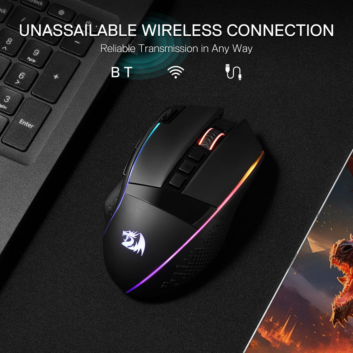 Redragon M991 Wireless Gaming Mouse, 26000 DPI 3-Mode Gamer Mice w/Rapid Fire Key, 9 Macro Buttons, Powerful Capacity and RGB Backlight for PC/Mac/Laptop, Black