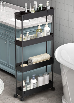 SPACELEAD Slim Storage Cart 4 Tier,Bathroom Organizer Rolling Utility,Mobile Shelving Unit Slide Out for Office, Kitchen, Laundry Room & Narrow Places,Black