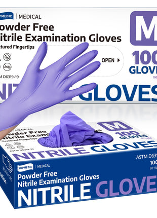 Supmedic Nitrile Exam Gloves, 3.5 Mil Powder-Free Food Safe Cleaning Chemo Rated Disposable Medical Glove, Violet Blue 100 Pcs (Medium)