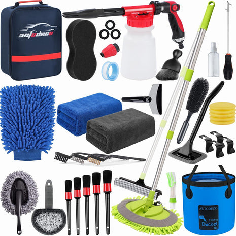 AUTODECO 42Pcs Car Wash Detailing Kit Cleaning Set with Foam Gun Sprayer, Long-Handle Brush, Collapsible Bucket, Large Wash Mitt, Towels, Complete Interior & Exterior Car Washing Supply Set (Blue)