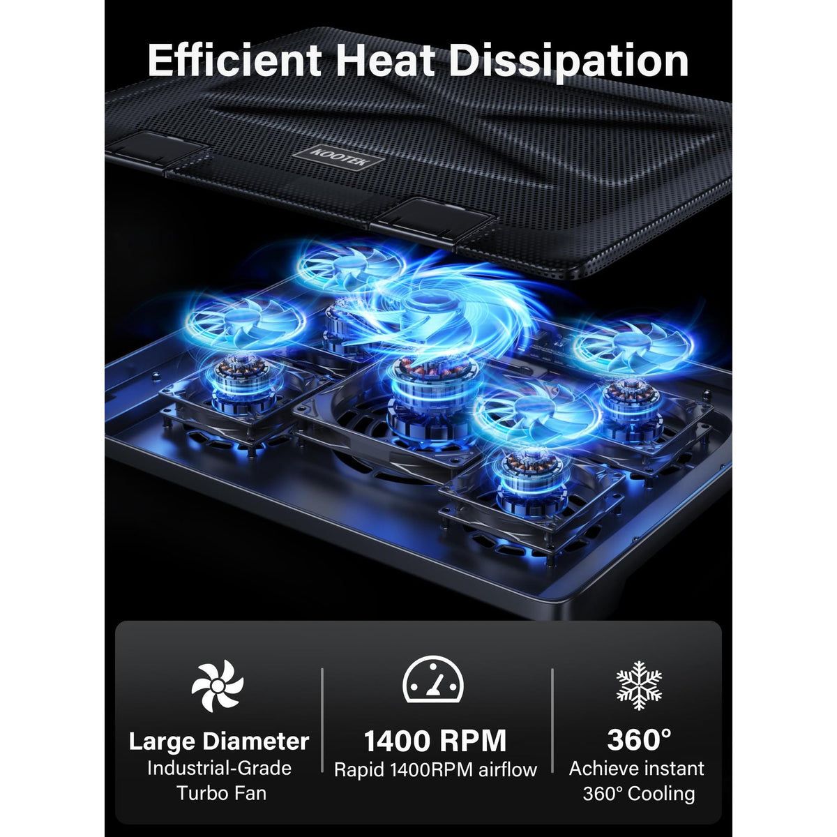 Kootek Laptop Cooling Pad, Laptop Cooler with 5 Quiet Fans for 12"-17" Computer PC Notebook Gaming Laptop Fan, Height Adjustable Laptop Cooling Stand Laptop Accessories, Blue