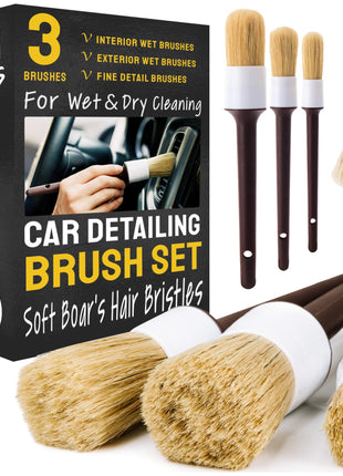 Car Detailing Brush Set 3-pc - Scratch-Free Boars Hair for Interior and Exterior Work - Pro Quality Car Cleaning Brush Kit for Leather Seats, Dashboards, Wheels, Grills and Paint