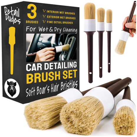 Car Detailing Brush Set 3-pc - Scratch-Free Boars Hair for Interior and Exterior Work - Pro Quality Car Cleaning Brush Kit for Leather Seats, Dashboards, Wheels, Grills and Paint