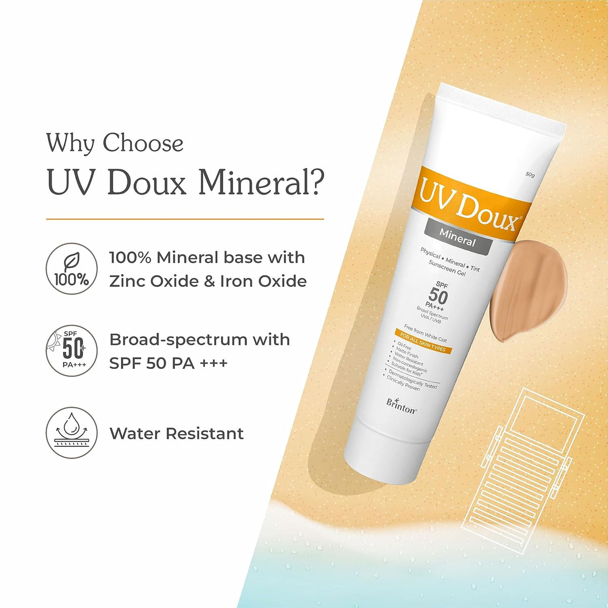 Brinton UV Doux SPF 50 PA+++ Mineral Based Sunscreen Gel With No White Cast | Clinically Tested Sunscreen with Zinc Oxide | Tinted & Water Resistant | UVA/UVB Protection, For Men,Women & Children- 50g