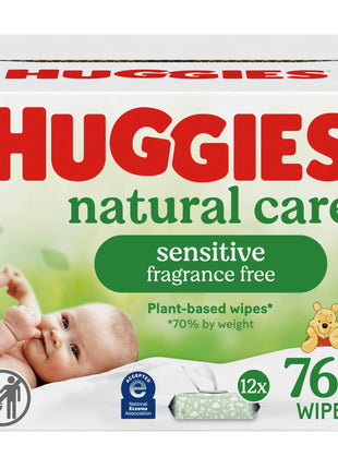 Huggies Natural Care Sensitive Baby Wipes, Unscented, Hypoallergenic, 99% Purified Water, 12 Flip-Top Packs (768 Wipes Total), Packaging May Vary