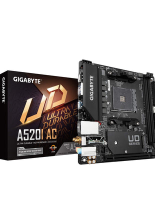 Gigabyte A520I AC (AMD Ryzen AM4/Mini-ITX/Direct 6 Phases Digital PWM with 55A DrMOS/Gaming GbE LAN/Intel WiFi+Bluetooth/NVMe PCIe 3.0 x4 M.2/3 Display Interfaces/Q-Flash Plus/Motherboard)