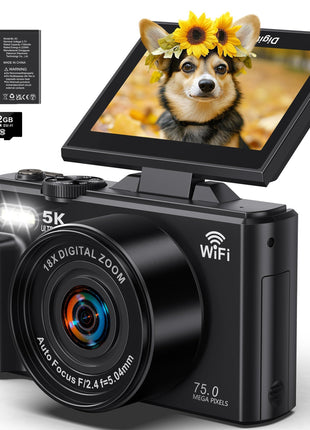 5K Digital Camera, WiFi Cameras for Photography 75MP UHD Vlogging Cameras for YouTube Autofocus Video Camera with 3" 180° Flip Screen, Compact Travel Camara with 18X Zoom, 32GB SD Card, 2 Batteries