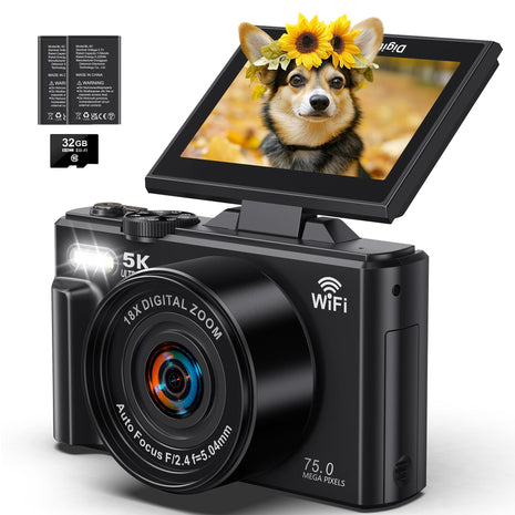 5K Digital Camera, WiFi Cameras for Photography 75MP UHD Vlogging Cameras for YouTube Autofocus Video Camera with 3" 180° Flip Screen, Compact Travel Camara with 18X Zoom, 32GB SD Card, 2 Batteries