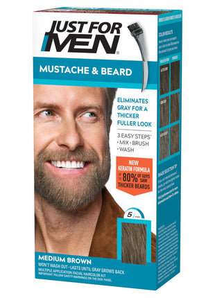 Just For Men Mustache & Beard multiple uses Beard Coloring for Gray Hair with Brush, With Keratin Biotin Aloe and Coconut Oil for Healthy Facial Hair Medium Brown, M-35, Pack of 1