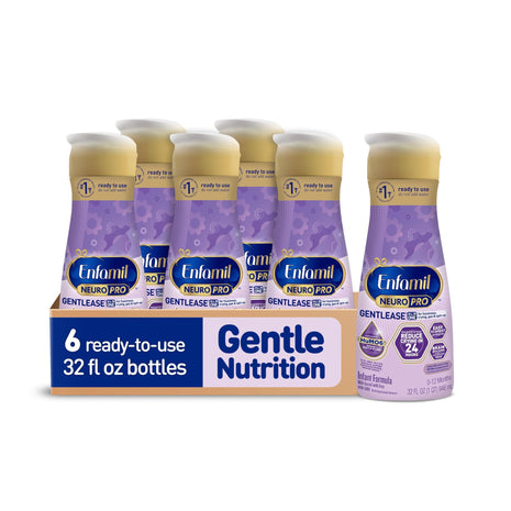 Enfamil NeuroPro Gentlease ready-to-feed baby formula, smaller proteins for easy digestion, brain-supporting DHA, prebiotic, HuMO6 blend, eases fussiness, gas, spit-up in 24hrs, 32 fl oz, 6 pack*
