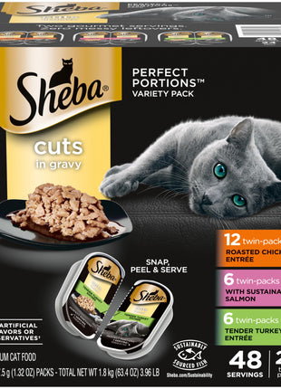 Sheba Perfect Portions Wet Cat Food Cuts in Gravy Variety Pack, Roasted Chicken Entree, with Sustainable Salmon, and Tender Turkey Entree, 2.6 oz. Twin-Pack Trays (24 Count, 48 Servings)