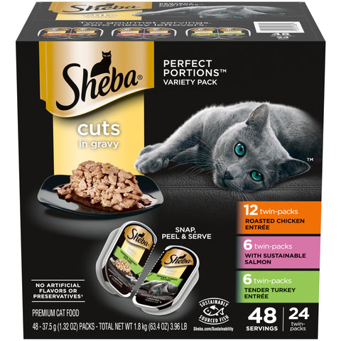 Sheba Perfect Portions Wet Cat Food Cuts in Gravy Variety Pack, Roasted Chicken Entree, with Sustainable Salmon, and Tender Turkey Entree, 2.6 oz. Twin-Pack Trays (24 Count, 48 Servings)