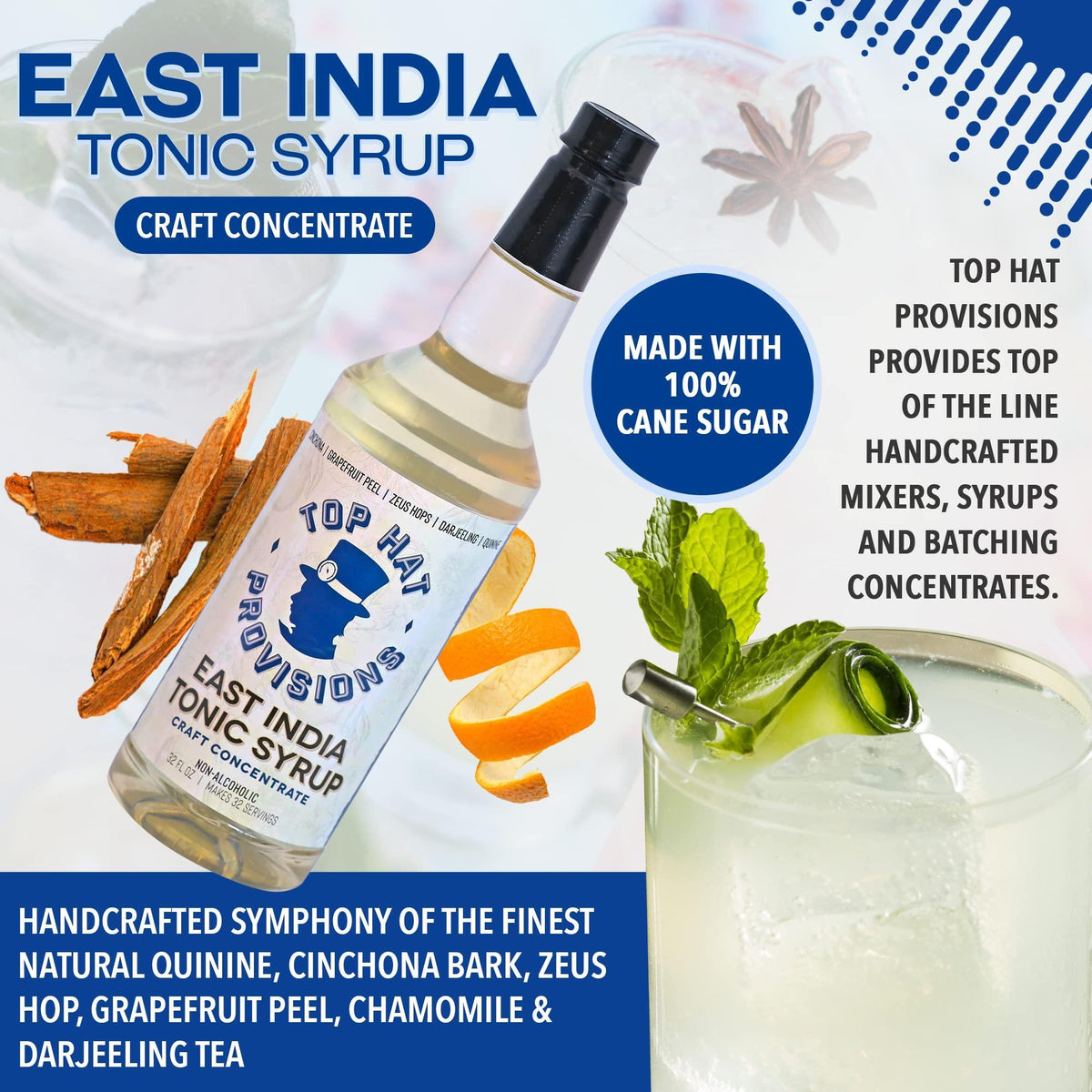 Top Hat East India Craft Concentrated Quinine Tonic Drink Syrup - 5x Natural Quinine Wellness Tonic Water Concentrate - Just Add Club Soda - 32oz bottle