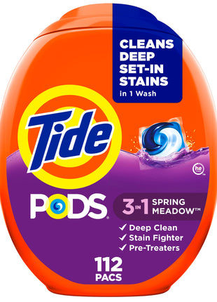 Tide PODS laundry detergent pacs, 3-in-1 Stain Remover, Odor Fighter, Color Protector, 112 Count, HE compatible, Spring Meadow Scent