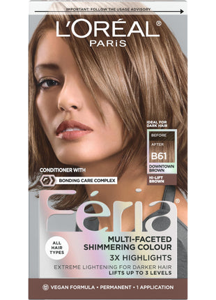 L'Oreal Paris Feria Multi-Faceted Shimmering Permanent Hair Color, B61 Downtown Brown (Hi-Lift Cool Brown), 1 Hair Dye Kit