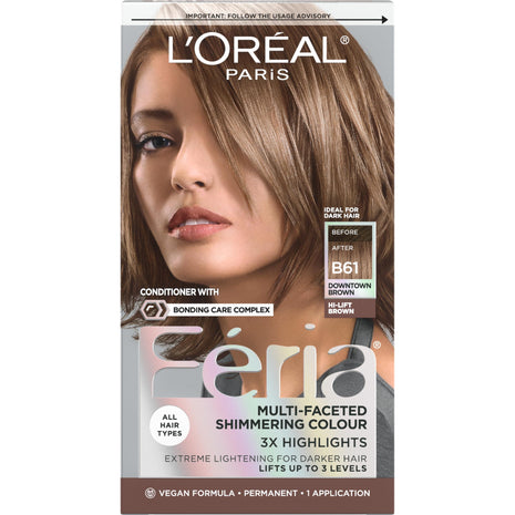 L'Oreal Paris Feria Multi-Faceted Shimmering Permanent Hair Color, B61 Downtown Brown (Hi-Lift Cool Brown), 1 Hair Dye Kit