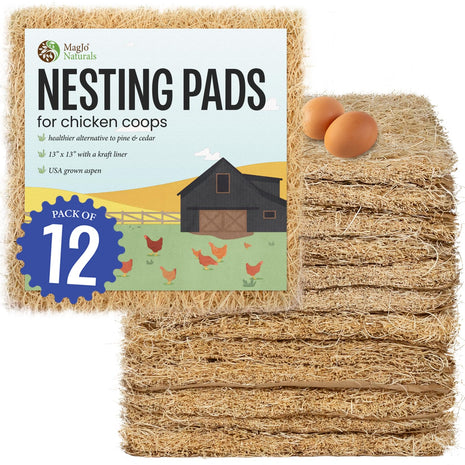 MagJo Aspen Nesting Pads for Chicken Coops - USA Grown Aspen Excelsior Nest Box Liners 13x13-12 Pack