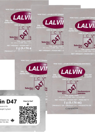 Lalvin D47 Wine Yeast (5 Pack) - Make Wine Cider Mead Kombucha At Home - 5 g Sachets - Saccharomyces cerevisiae - Sold by CAPYBARA Distributors Inc.