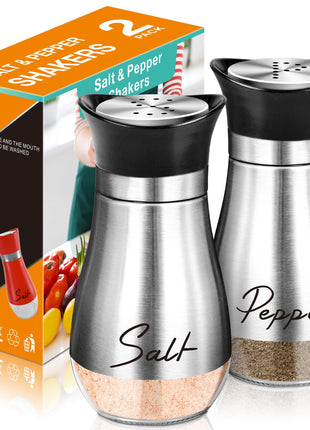 Salt and Pepper Shakers - 4 oz Silver Glass Set with Stainless Steel Lids | Refillable Glass Shakers with Stainless Steel Lids for Cooking, Dining, RV Trips, Camping and BBQs; 4 oz Capacity Each.