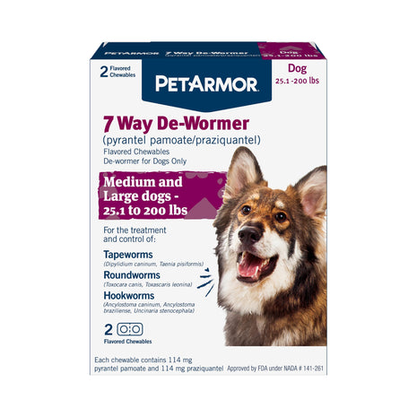 PetArmor 7 Way De-Wormer for Dogs, Oral Treatment for Tapeworm, Roundworm & Hookworm in Large Dogs & Puppies (Over 25 lbs), Worm Remover, Puppy Dewormer (Praziquantel & Pyrantel Pamoate), 2 Chewables