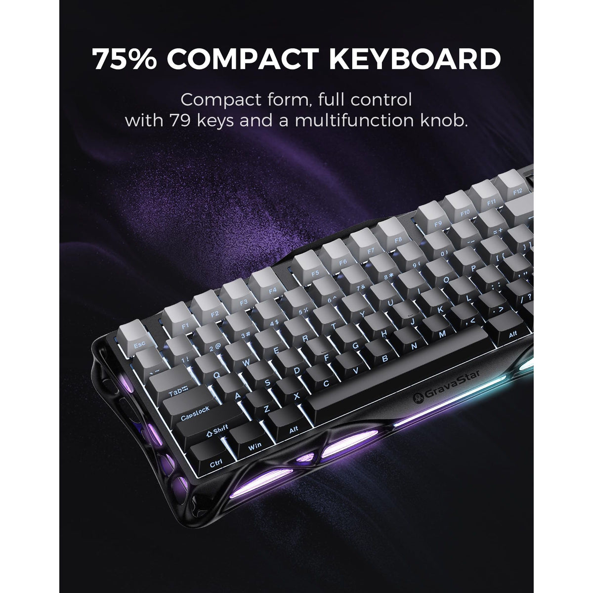 GravaStar Mercury K1 75% Wireless Mechanical Gaming Keyboard, Aluminum Alloy, Gasket Compact Custom Keyboard Hot-Swap Socket, Linear Switches, RGB Backlit - Gradient Black