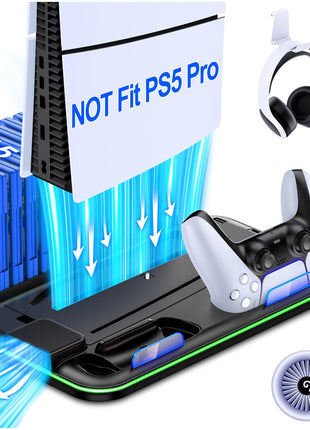 PS5/PS5 Slim Stand and Cooling Station with Controller Charging Station for Playsation 5, PS5 Accessories Kit Incl. 3 Levels Cooling Fan, LED, 15 Game Slot, Headset Holder for PS5 Digital/Disc Console