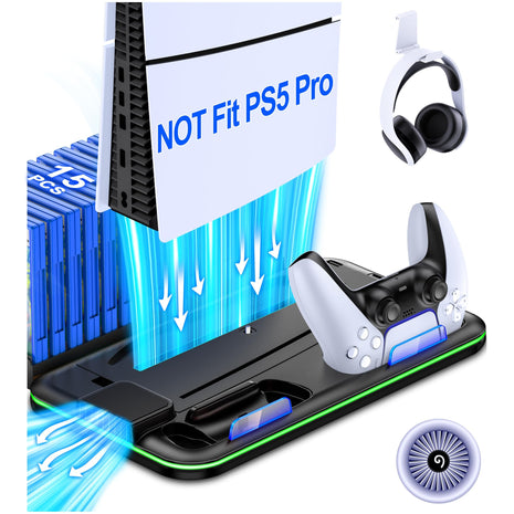 PS5/PS5 Slim Stand and Cooling Station with Controller Charging Station for Playsation 5, PS5 Accessories Kit Incl. 3 Levels Cooling Fan, LED, 15 Game Slot, Headset Holder for PS5 Digital/Disc Console
