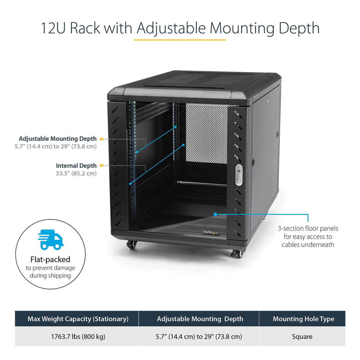 StarTech.com 4-Post 12U Server Rack Cabinet, 19" Data Rack Cabinet for IT / Network Equipment, with Adjustable Mounting Rails