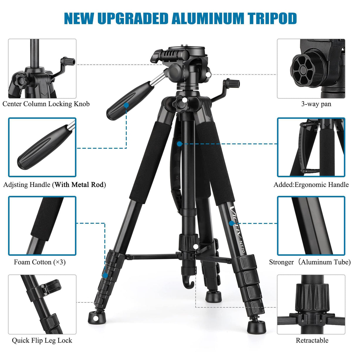 VICTIV 74” Camera Tripod, Tripod for Camera and Phone, Aluminum Professional Tripod Stand for Canon Nikon with Carry Bag and Phone Holder, Compatible with DSLR, iPhone, Spotting Scopes, Max Load 9.5Lb