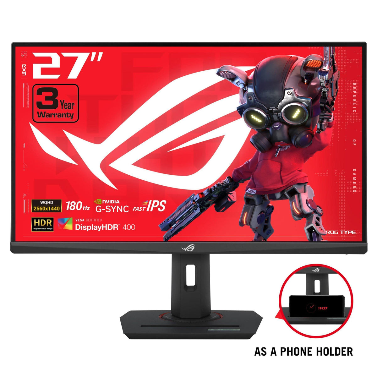 ASUS ROG Strix 27” QHD (2560x1440) HDR400 USB-C Gaming Monitor (XG27ACS), 180Hz,1ms, Fast IPS, 133% sRGB, Extreme Low Motion Blur Sync, G-Sync Compatible, DisplayWidget, Tripod Socket, 3 Year Warranty