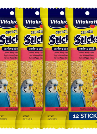 Vitakraft Crunch Sticks Parakeet Treat - Triple-Baked Millet Parakeet Treats with Natural Wood Center - Crunchy & Nutritious Bird Treat Sticks for Small Animals (12 Count, Honey, Egg, and Apple)