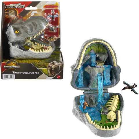 Mattel Jurassic World Rebirth Micro Adventure Playset, Tyrannosaurus Rex Head Opens to 4 Interactive Features, 3 Micro Figures, T. Rex Dinosaur Toy