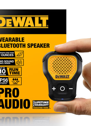 DEWALT Wearable Bluetooth Speaker (Updated Version), Clip-On Wireless Jobsite Pro Water-Resistant Portable Speaker (Non-Magnetic), Built-in Mic for Hands-Free Music/Calls, Bluetooth Speaker (Yellow)