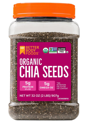 BetterBody Foods Organic Chia Seeds 2 lbs, 32 Oz, with Omega-3, Non-GMO, Gluten Free, Keto Diet Friendly, Vegan, Good Source of Fiber