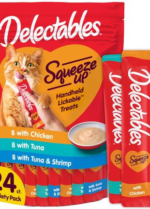 Delectables Squeeze Up Variety Pack, Creamy Squeezable Puree, Lickable Wet Cat Treats, Grain Free, No Added Fillers, No By-Products, No Added Preservatives, 0.5 Ounces Tube, 24 Tubes Total