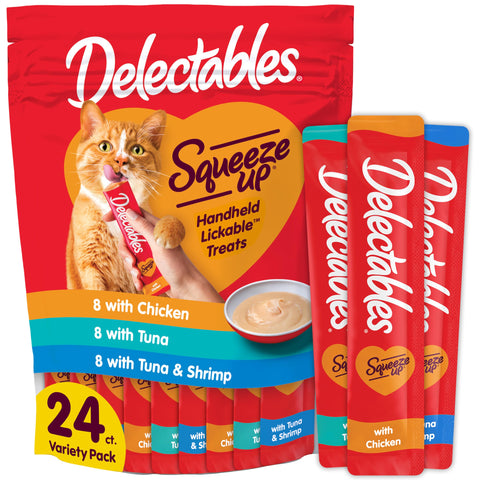 Delectables Squeeze Up Variety Pack, Creamy Squeezable Puree, Lickable Wet Cat Treats, Grain Free, No Added Fillers, No By-Products, No Added Preservatives, 0.5 Ounces Tube, 24 Tubes Total