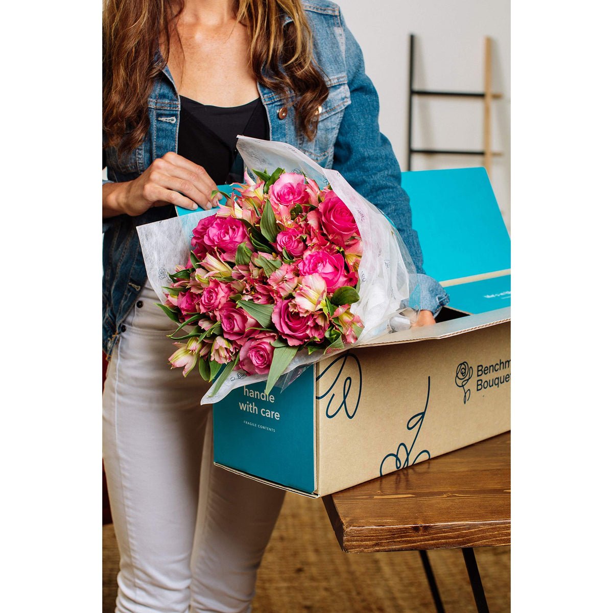Benchmark Bouquets - Charming Roses & Alstroemeria (Glass Vase Included) - Fresh Flowers for Delivery - Gift for Graduation, Birthday, Anniversary, Sympathy, Get Well, Congratulations